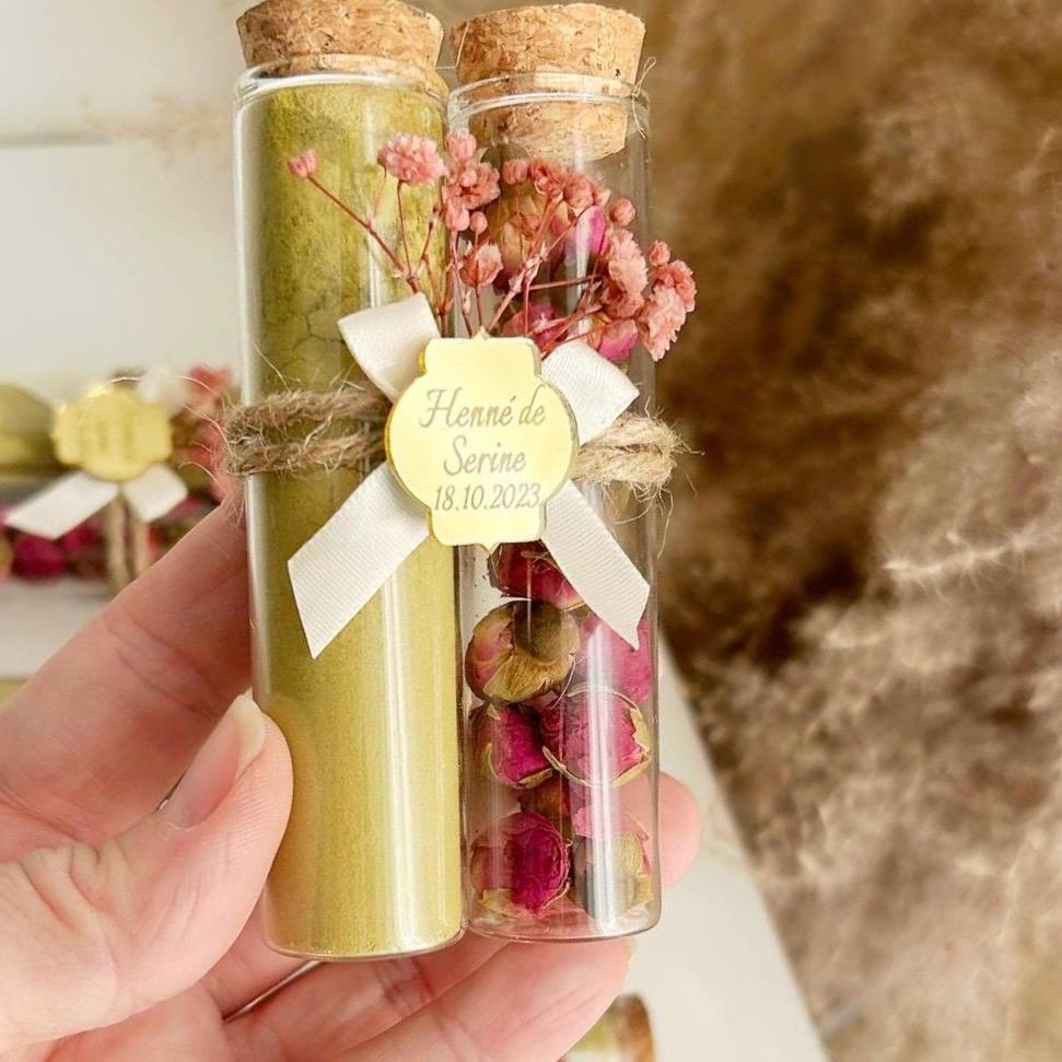 Cadeau invité Henné Duo avec nœud en satin et fleurs séchées